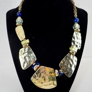 Gold Tone Statement Chunky Runway Blue Green Glass Bead Accent Bib Necklace 24"